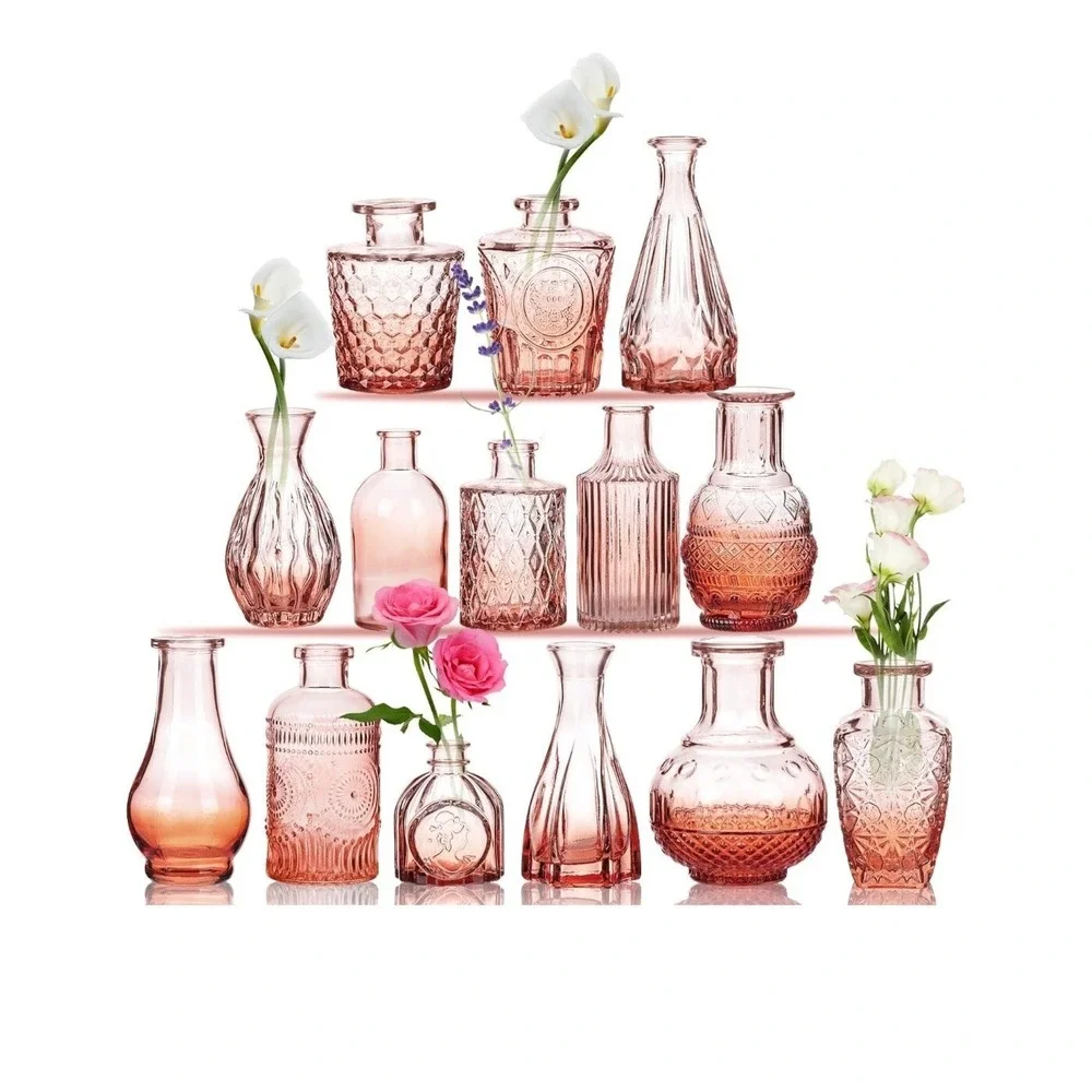 CUCUMI Small Bud Vases for Flowers Set of 14, Mini Clear Red Glass Vases Bulk